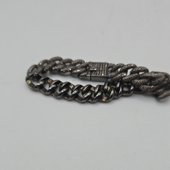 Sparkling Sterling Silver Cuban Chain Braclet With Diamond and 14k Gold Clasp - Picture 9 of 11